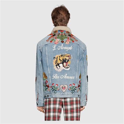 gucci embroidered denim jacket with shearling replica|gucci denim jacket with embroideries.